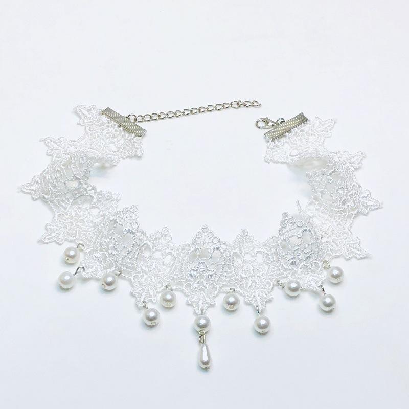 Retro super fairy white lace pearl pendant collar choker sweet and gentle short neck strap clavicle chain