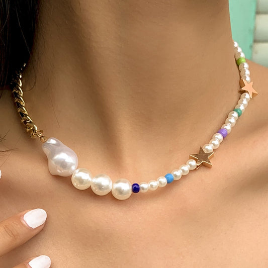 Metal Chain Baroque Pearl Necklace Female Bohemia Vacation Colorful Rice Beads Necklace