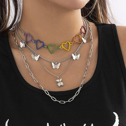 Jewelry Punk Butterfly Bear Tassel Necklace Female Mix and Match Color Peach Heart Necklace Set