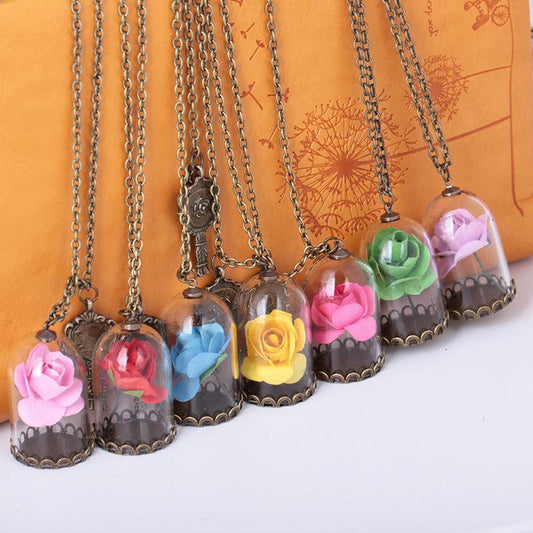 Fashion Rose Flower Glass Shade Pendant Summer Beach Preserved Flower Necklace Ornaments
