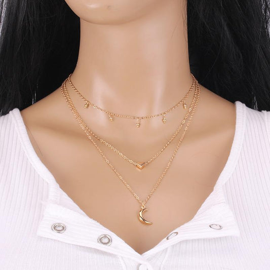 Ins hip-hop retro peach heart necklace women's multi-layer mix and match moon pendant sweater chain