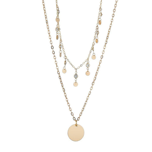 Fashion Double Layer Disc Pendant Necklace Ladies Vintage Rhinestone Necklace Jewelry Accessories