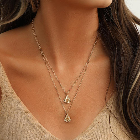 Retro Simple Fashion Camellia Pendant Necklace Double Stacked Cross Chain Ladies Jewelry