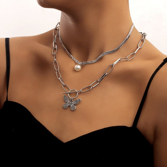 Jewelry ins fashion double bamboo snake bone chain OT buckle pearl stripe butterfly pendant necklace female