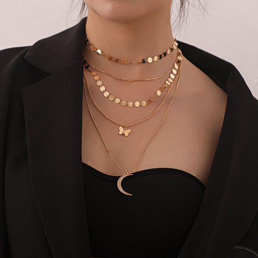 Jewelry Fashion Diamond Crescent Pendant Necklace Women's Popular Disc Chain Straight Tube Multilayer Necklace