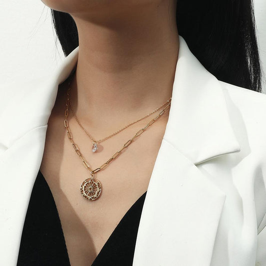 Stainless Steel Double Layer Necklace Roman Disc Hollow Pendant Zircon Clavicle Chain Temperament Retro Jewelry