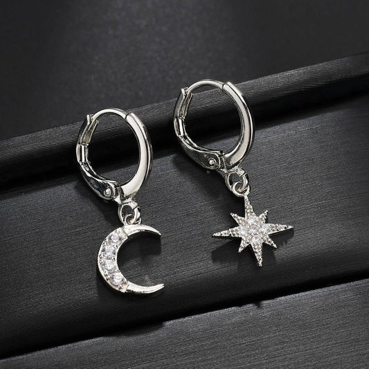 Accessories Personality Asymmetrical Star Moon Earrings Female Micro-inlaid Zircon Earrings Earrings Jewelry