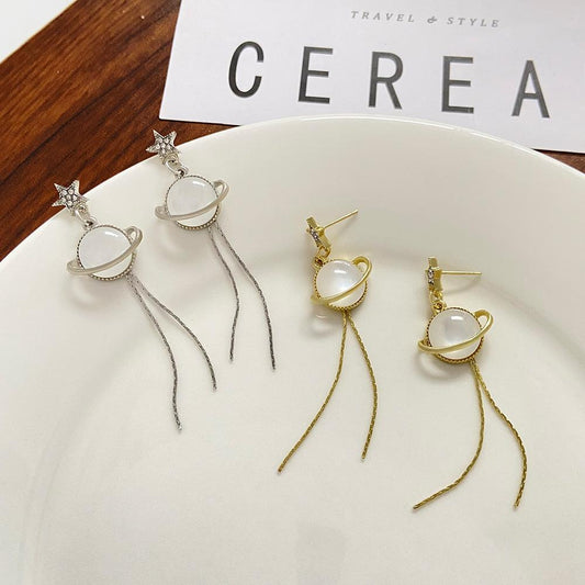 Ins space planet earrings female fashion temperament cat eye ball long tassel earrings personality earrings fashion