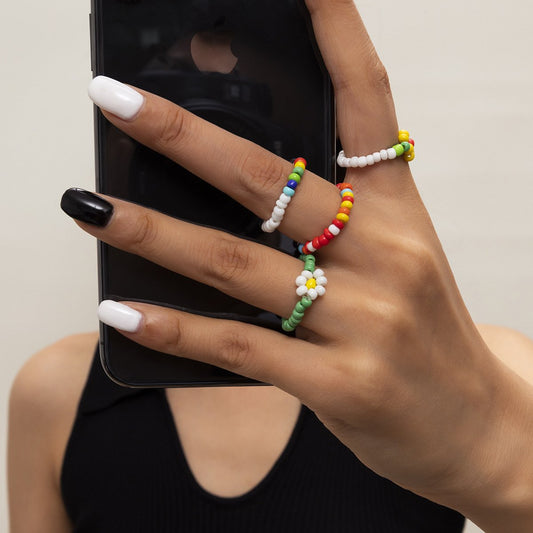 Bohemian Holiday Colorful Beads Ring Set Female Daisy Flower Ring Jewelry