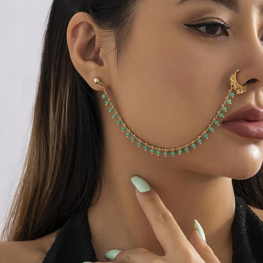 Jewelry unilateral metal hollow earrings national color imitation crystal tassel nose clip earrings women