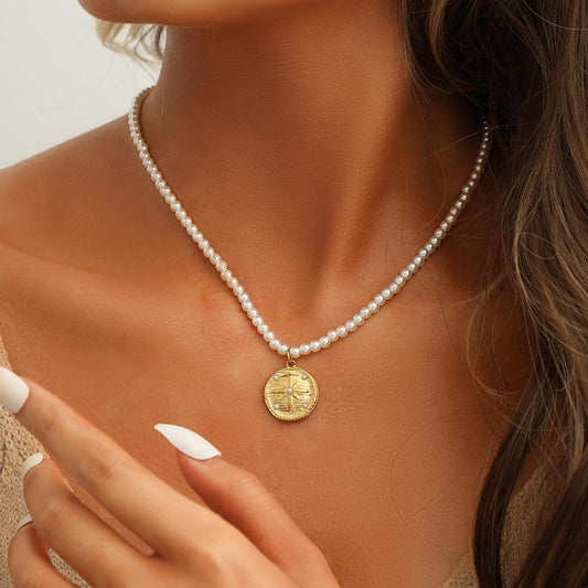 Simple Stainless Steel Gold Pearl Coin Choker Necklace Women Necklace Jewelry