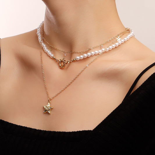 Jewelry ins five-pointed star zircon tassel simple all-match multi-layer necklace collarbone chain female