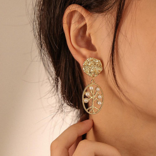 Earrings Creative Oval Tree of Life Metal Irregular Geometric Versatile Pearl Earrings