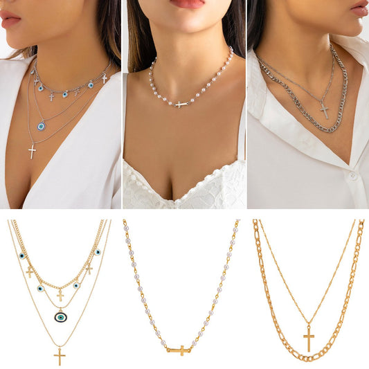 Jewelry Retro Pearl Chain Cross Necklace French Simple Blue Devil Eyes Necklace