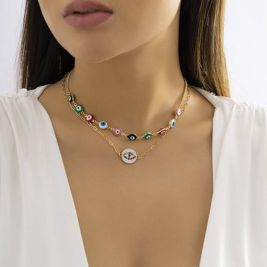 Jewelry Personality Sweet Cool Color Micro-set Eyes Double Layer Necklace Female Simple Cross Chain Necklace