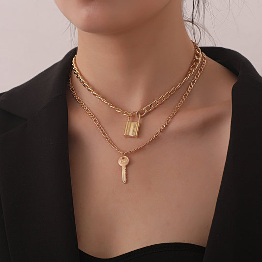 Jewelry Fashion Exaggerated Geometric Lock Pendant Necklace Female Aluminum Chain Key Personality Double Layer Necklace