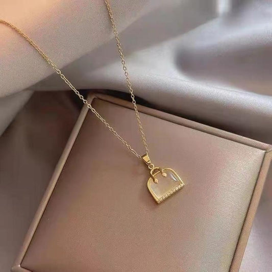 Temperament opal bag necklace female titanium steel micro-inlaid diamond H letter bag clavicle chain niche design