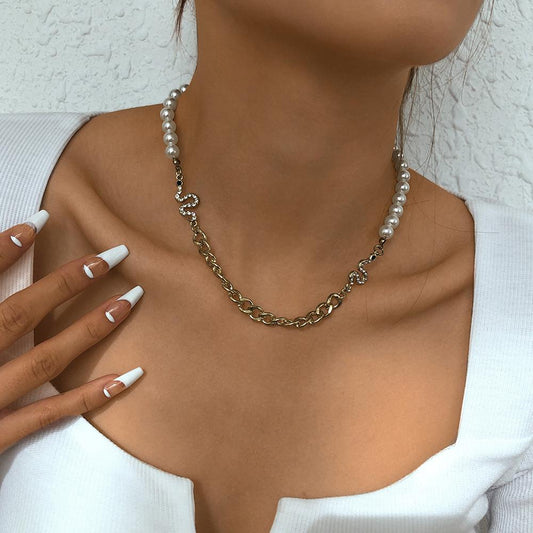 N9426 Jewelry Chain Pearl Stitching Fashion Necklace Exaggerated Snake Shape Micro-inlaid Cold Necklace