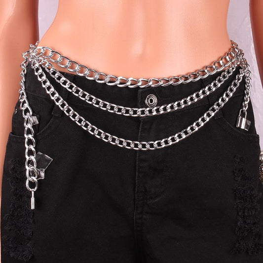 Double Padlock Fashion Three Layer Chain Pants Chain Metal Waist Chain Decoration Punk Rock Pants Chain Hip-hop Performance Accessories