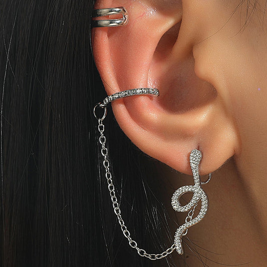 Ins cold and hole-free earrings set retro zircon snake-shaped chain ear clip net red full of diamond animal earrings female