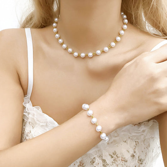 Jewelry Temperament Imitation Pearl Short Clavicle Necklace Simple Geometric Bead Hand Jewelry Set