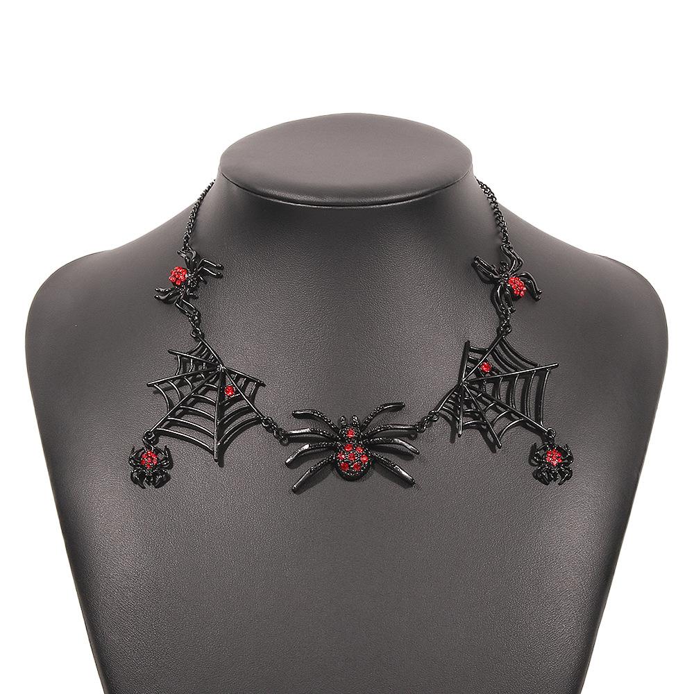 N935 Exaggerated Earrings Necklace Set Dark Halloween Spider Web Diamond Earrings Necklace