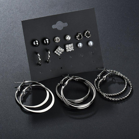 Earring Stud Set Silver 9 Pairs/Set Stud Earrings Circle Combination Set Jewelry Accessories