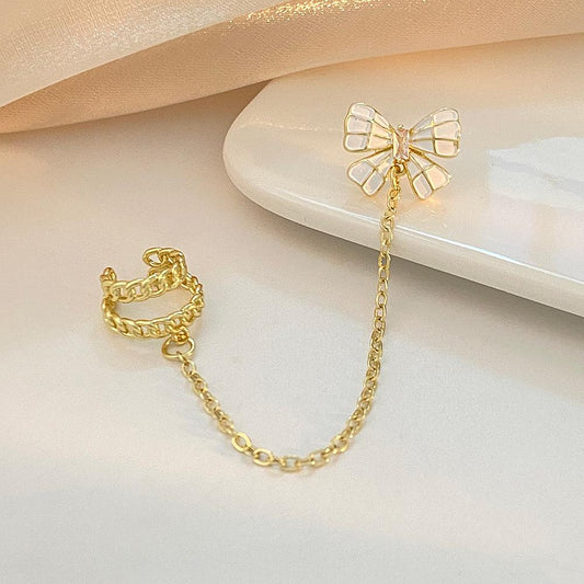 ins zircon bow ear bone clip fashion light luxury chain tassel ear clip no ear hole net red earrings trend