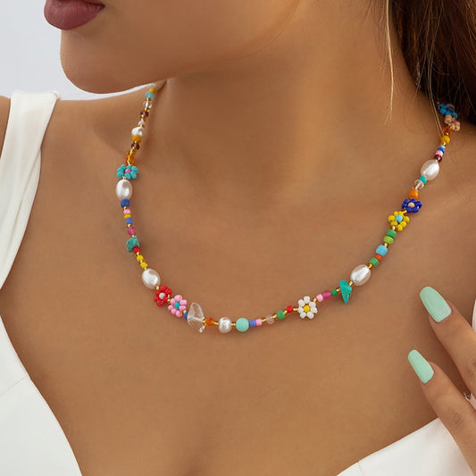Jewelry simple rice bead woven imitation pearl necklace ethnic mix and match small daisy gravel necklace female