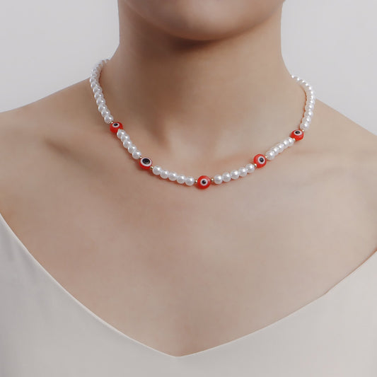 Jewelry Simple Acrylic Devil's Eye Stitching Clavicle Chain Retro Imitation Pearl Beaded Necklace