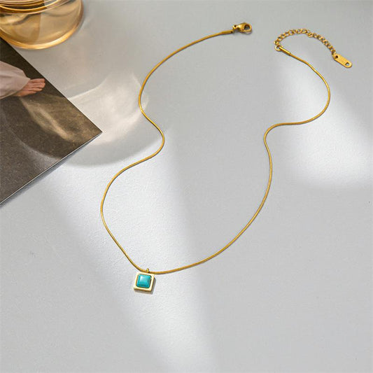 Turquoise Pendant Square Niche Design Natural Turquoise Necklace Titanium Steel Simple Country Natural Stone Clavicle Chain