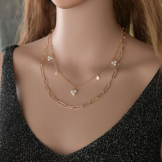 Simple Imitation Pearl Necklace Fashion Round Iron Sheet Multilayer Chain Necklace Accessories