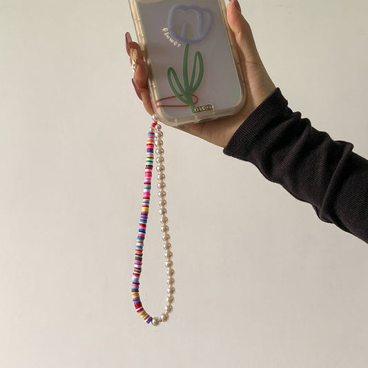 Jewelry simple imitation pearl soft pottery color mobile phone chain femininity color matching beaded mobile phone pendant