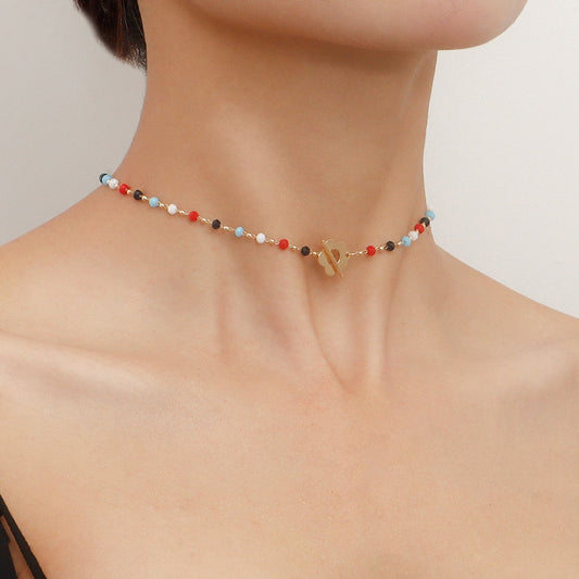 Jewelry Fashion Temperament Colorful Crystal Glass Beads Necklace Simple OT Buckle Short Flower Necklace
