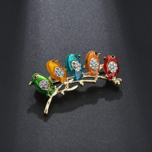 Fashion Jewelry Drip Oil Enamel Sexy 5 Five Birds Branches Colorful Brooch Personalized Silk Scarf Buckle Accessories
