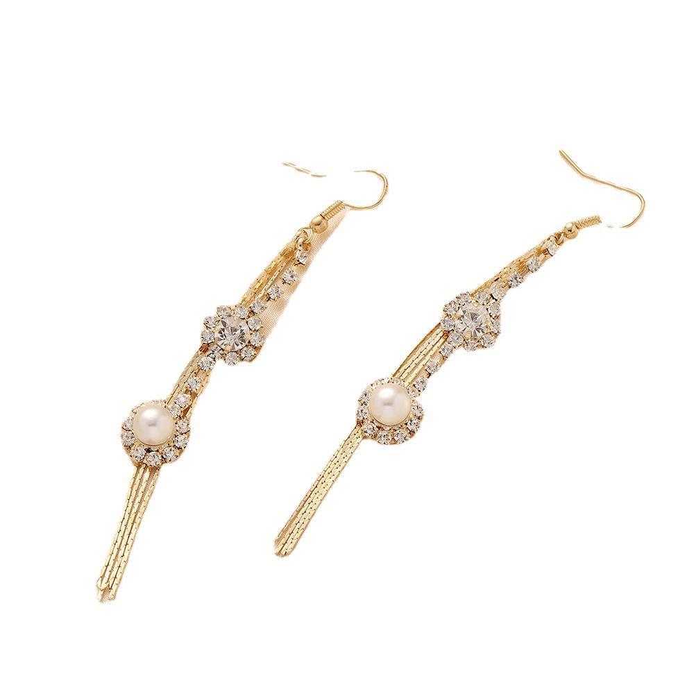 Elegant, beautiful and high-luxury public design women's super flash pearl flower rhinestone tassel earrings jewelry