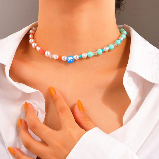Fashion soft pottery Tai Chi figure necklace collarbone chain special-shaped gourd pearl necklace accessories