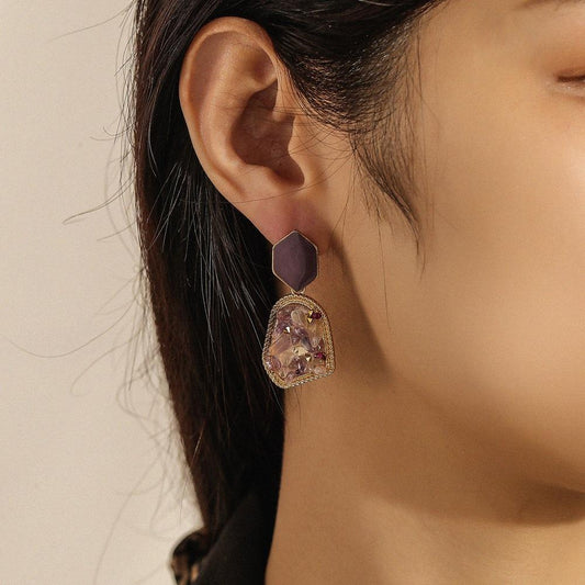 Dongdaemun Retro Purple Geometric Earrings Gravel Raw Stone Colored Diamond Earrings Temperament Earrings Accessories