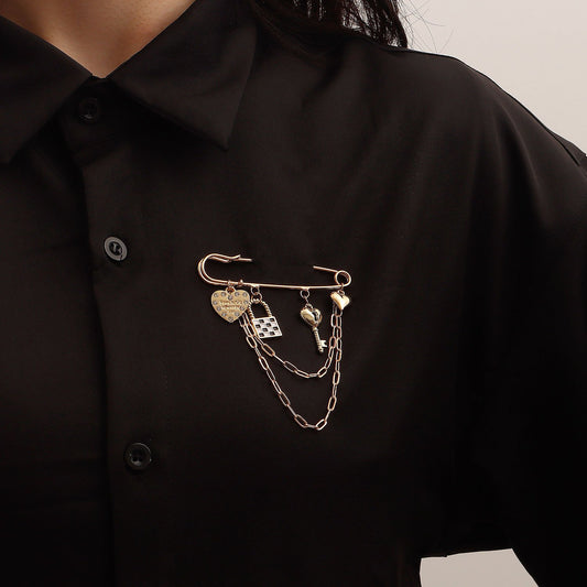 Jewelry black and white grid lock key love brooch trend multi-element retro pin accessories