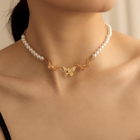 Dongdaemun Design Light Luxury Butterfly Necklace Pearl Stitching Titanium Steel Necklace Short Clavicle Chain Women's Necklace