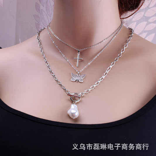 Jewelry Retro Multi-layer Cross Baroque Pearl Butterfly Necklace Female Detachable Three-piece Set