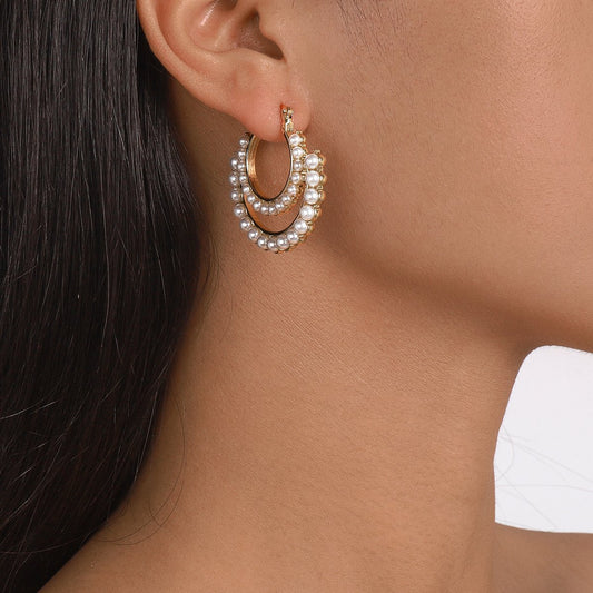 E1694 French retro palace elegant pearl earrings niche double-layer design geometric fashion earrings