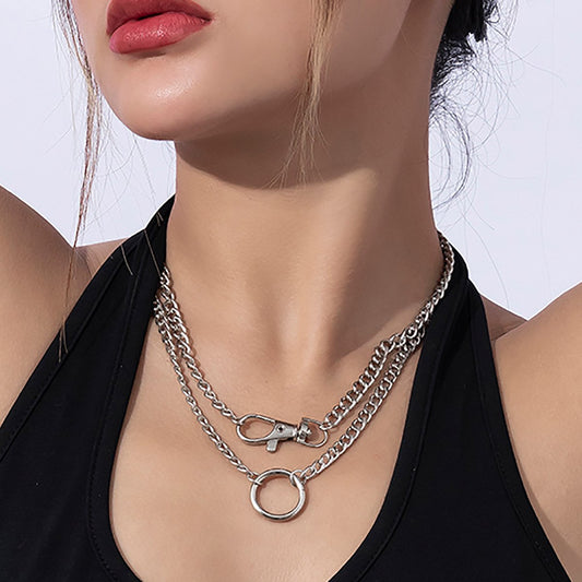 Jewelry Hip Hop Hollow Chain Metal Necklace Simple Double Layer Keychain Ring Necklace Female