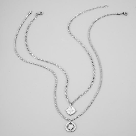Men's Stainless Steel Twine Stitching Double Coin Compass Star Necklace