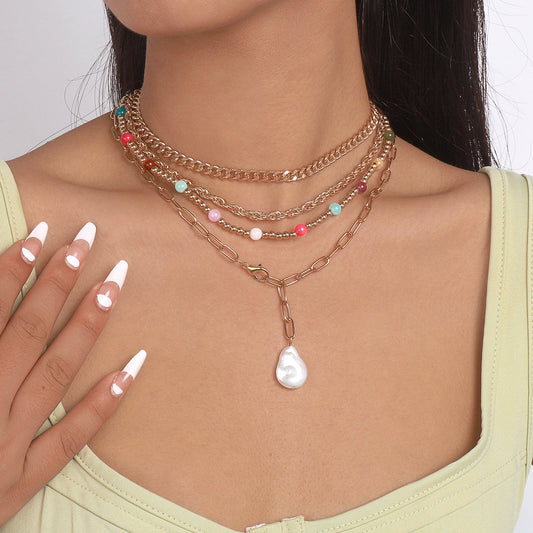 N1611 Bohemia Beach Vacation Stacked Necklace Beaded Chain Multilayer Exaggerated Geometric Necklace Women