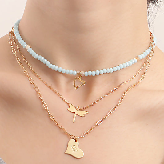 Jewelry bohemian sky blue crystal beads love dragonfly pendant necklace female niche design sense