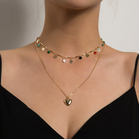 Jewelry fashion simple multi-layer drip glaze love metal piece necklace personality colorful temperament pendant
