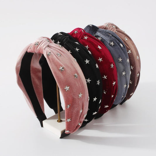 F3814 Simple solid color knotted hair accessories fashion five-pointed star pressure hair headband retro personality velvet headband
