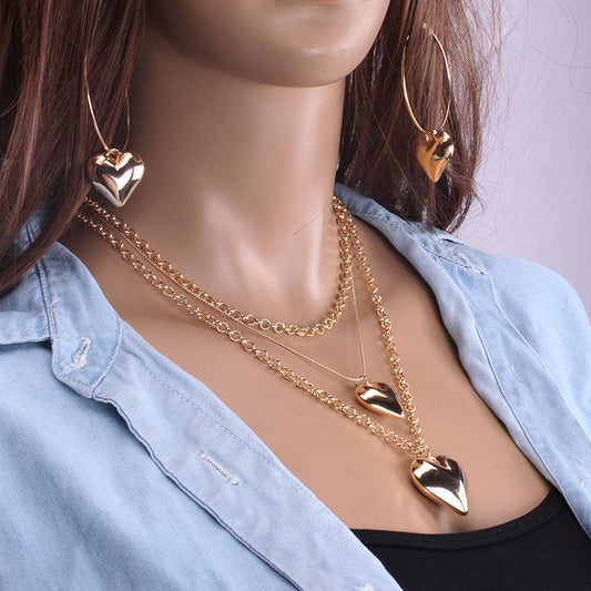 Jewelry Fashion Glossy Three-dimensional Love Pendant Earrings Necklace Women's Multi-layer Chain Peach Heart Necklace