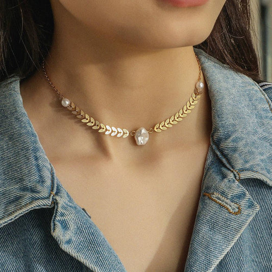 Stainless steel wheat ear leaf chain Baroque special-shaped pearl necklace temperament short collarbone chain